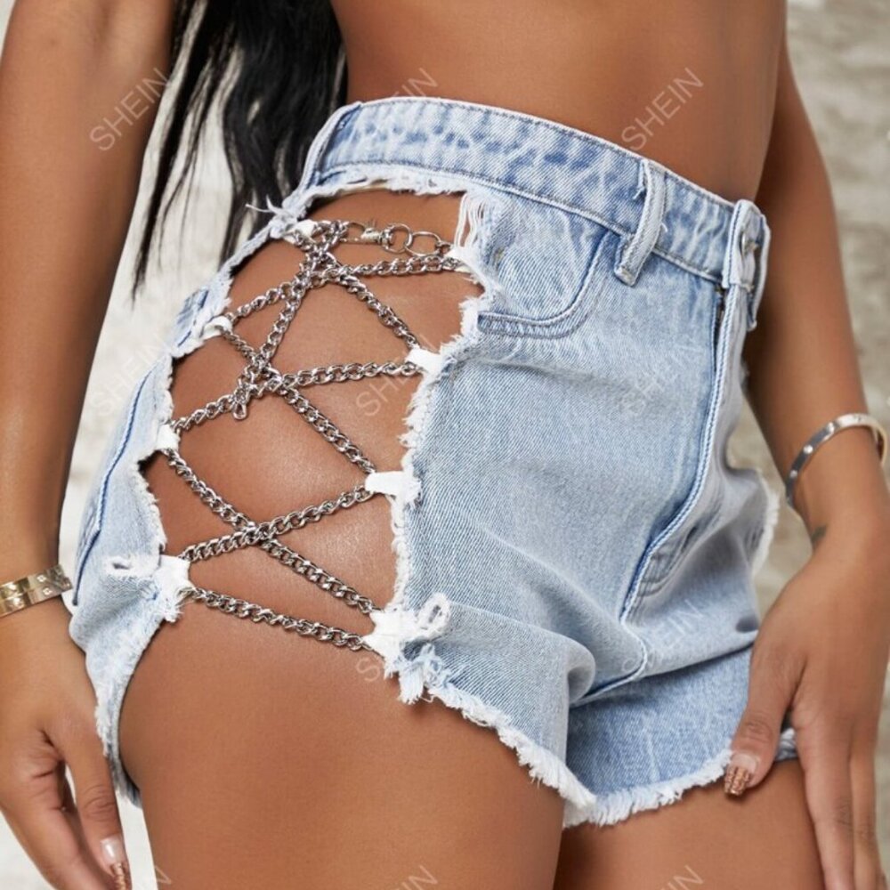 SHEIN SXY High Waist Chain Lace Up Denim Shorts Size 29